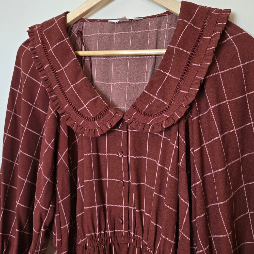 LC‎ Lauren Conrad Burgundy Grid Peter Pan Collar Balloon Sleeve Tiered Dress M - Picture 2 of 6